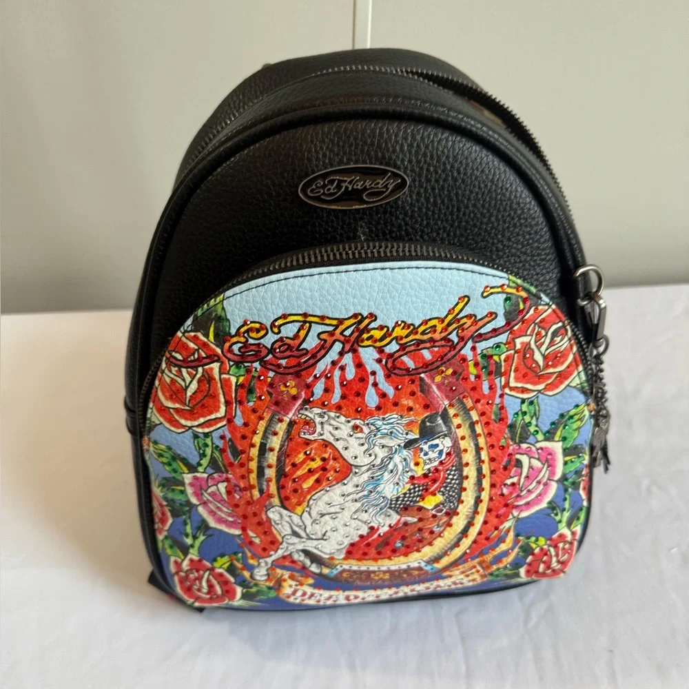 Ed Hardy Black Mini Backpack with Multicolor Graphic Roses - Picture 10 of 11